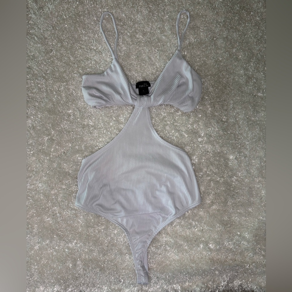 Rue21 White Ribbed Asymmetrical Cut-Out Bodysuit